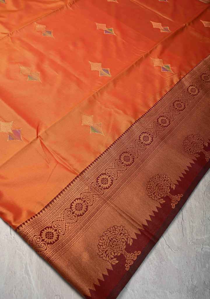 Fire Orange Kanchi Semi Silk Saree with Meenakari Buttas and Contrast Zari Border