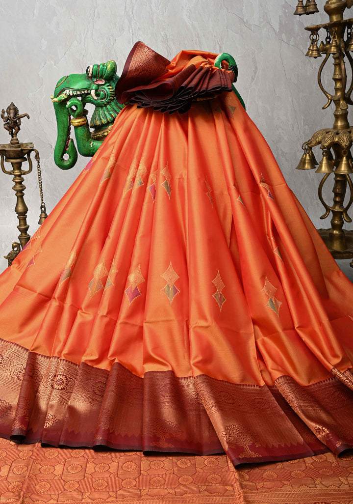 Fire Orange Kanchi Semi Silk Saree with Meenakari Buttas and Contrast Zari Border