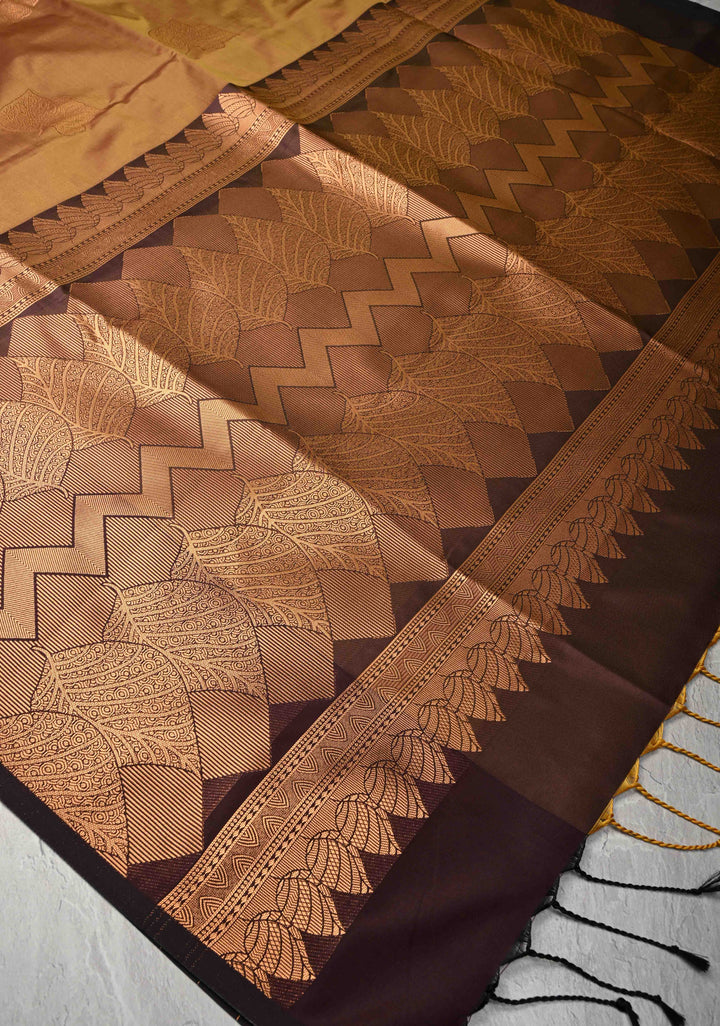 Brown Dual tone Kanchi Semi Silk Saree with Leaf Buttas and Zari Border