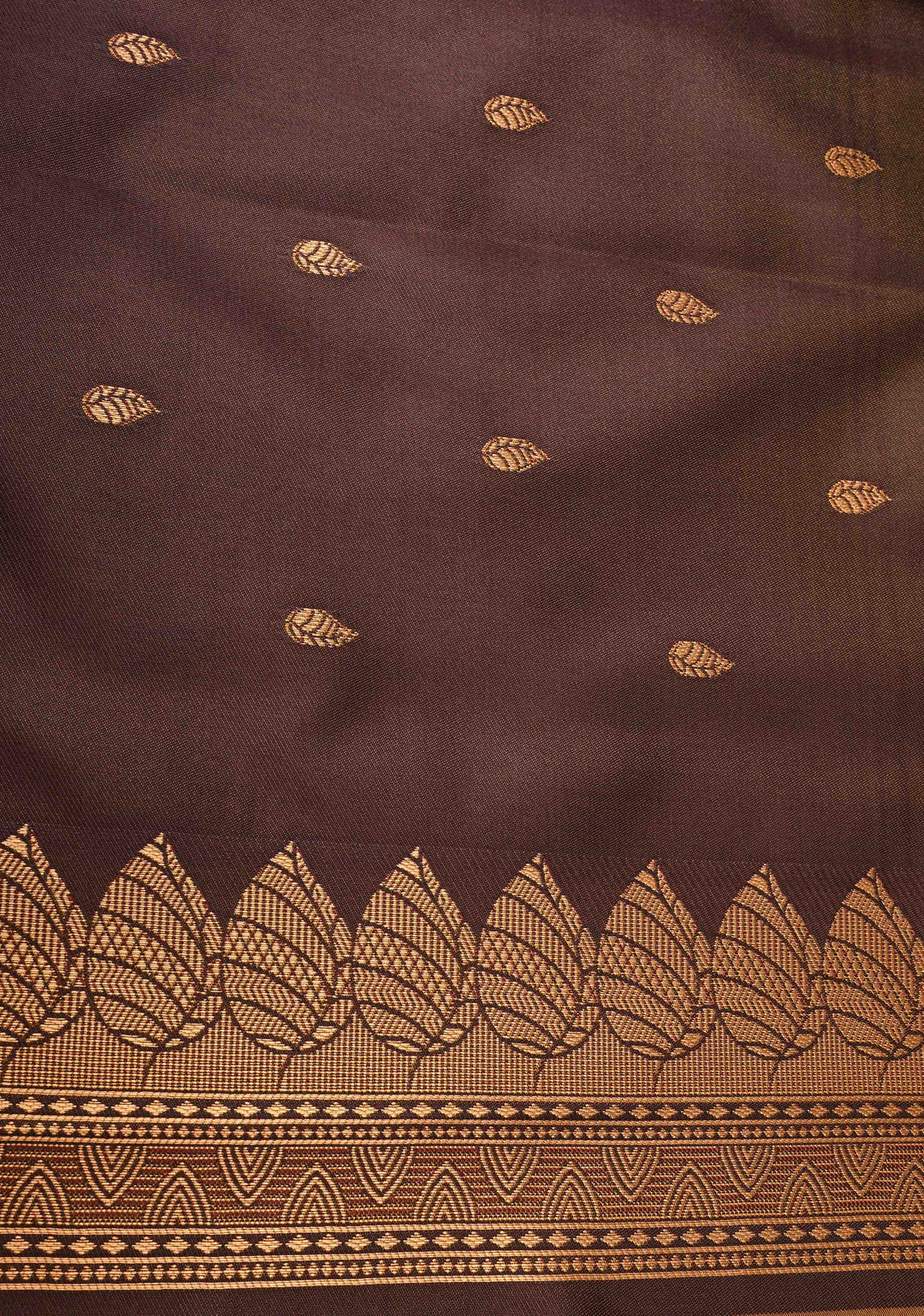 Brown Dual tone Kanchi Semi Silk Saree with Leaf Buttas and Zari Border