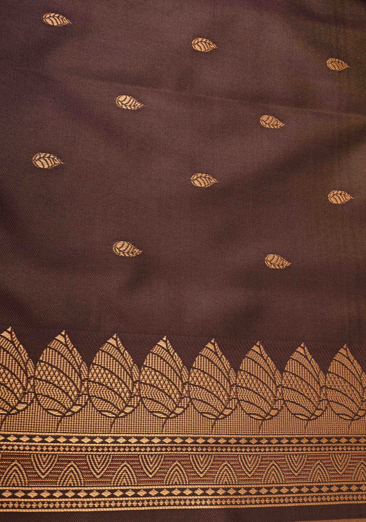 Brown Dual tone Kanchi Semi Silk Saree with Leaf Buttas and Zari Border