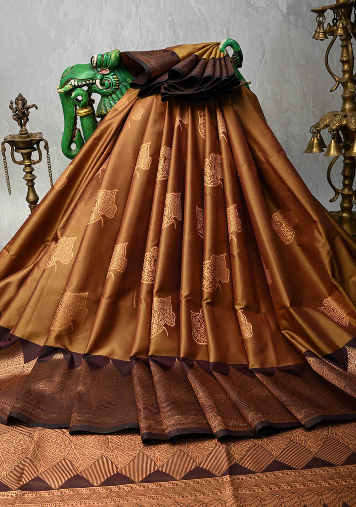 Brown Dual tone Kanchi Semi Silk Saree with Leaf Buttas and Zari Border