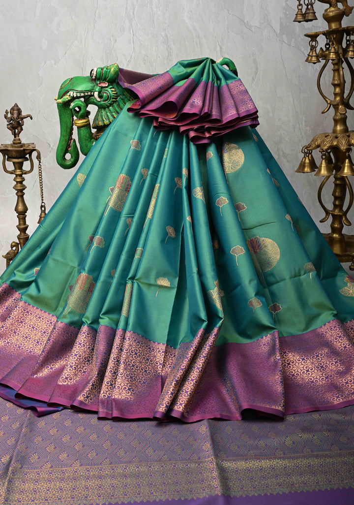 Green Dual tone Kanchi Semi Silk Saree with Meenakari Floral Buttas and Contrast Zari Border