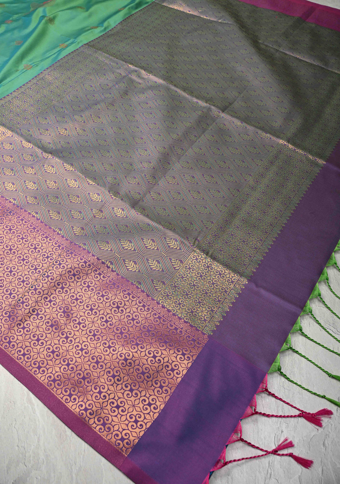 Green Dual tone Kanchi Semi Silk Saree with Meenakari Floral Buttas and Contrast Zari Border