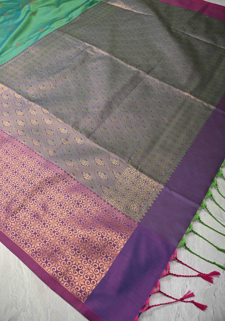 Green Dual tone Kanchi Semi Silk Saree with Meenakari Floral Buttas and Contrast Zari Border