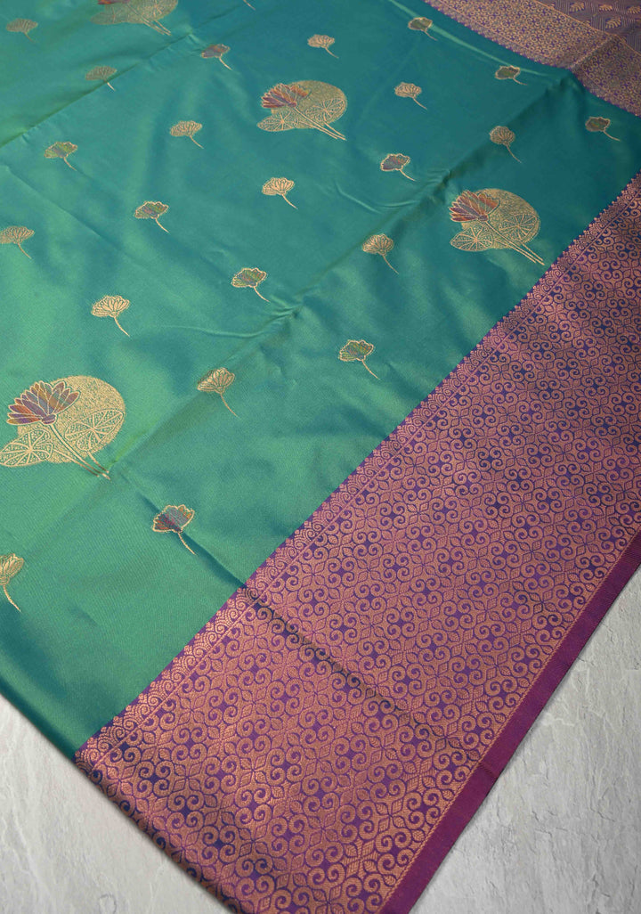 Green Dual tone Kanchi Semi Silk Saree with Meenakari Floral Buttas and Contrast Zari Border