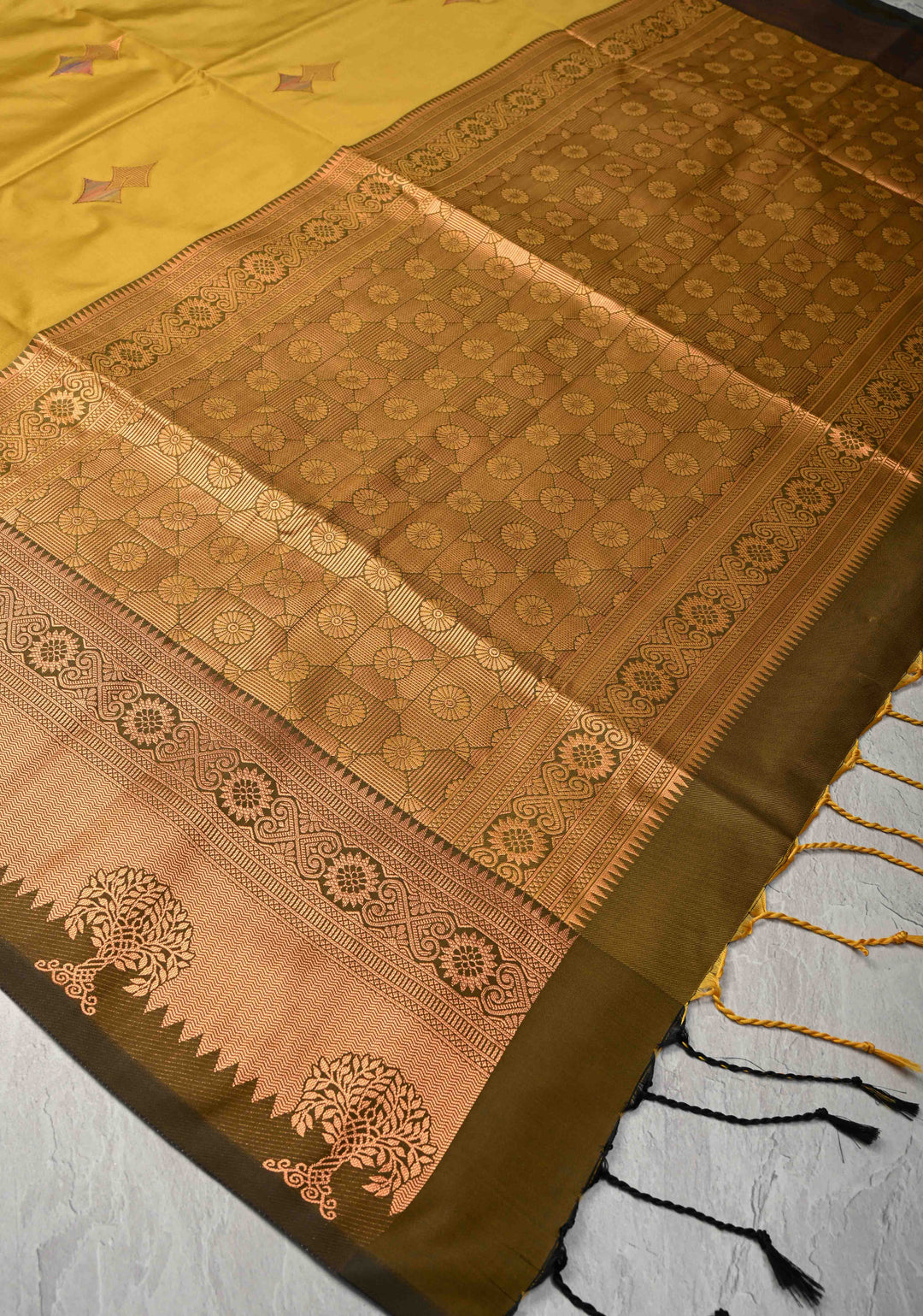 Methi Yellow Kanchi Semi Silk Saree with Meenakari Buttas and Zari Border