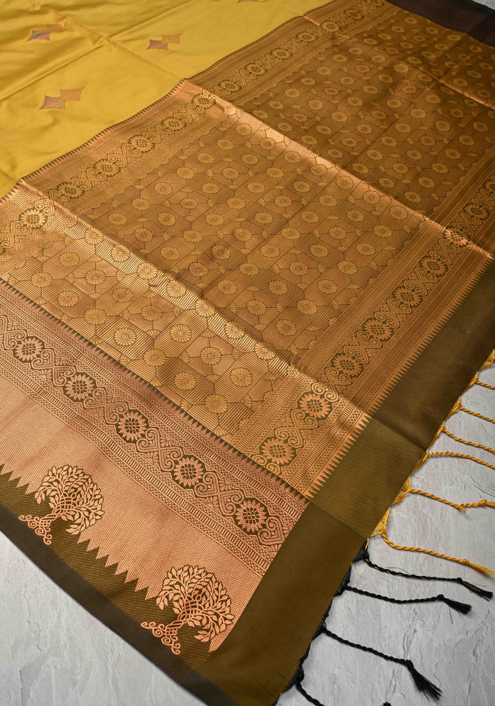 Methi Yellow Kanchi Semi Silk Saree with Meenakari Buttas and Zari Border