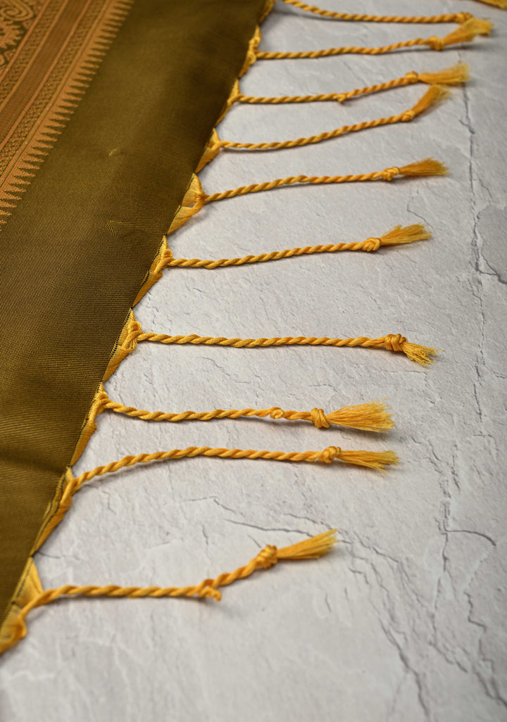 Methi Yellow Kanchi Semi Silk Saree with Meenakari Buttas and Zari Border