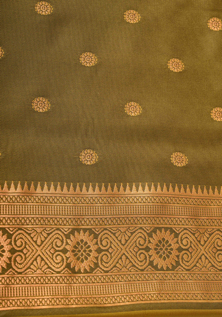 Methi Yellow Kanchi Semi Silk Saree with Meenakari Buttas and Zari Border