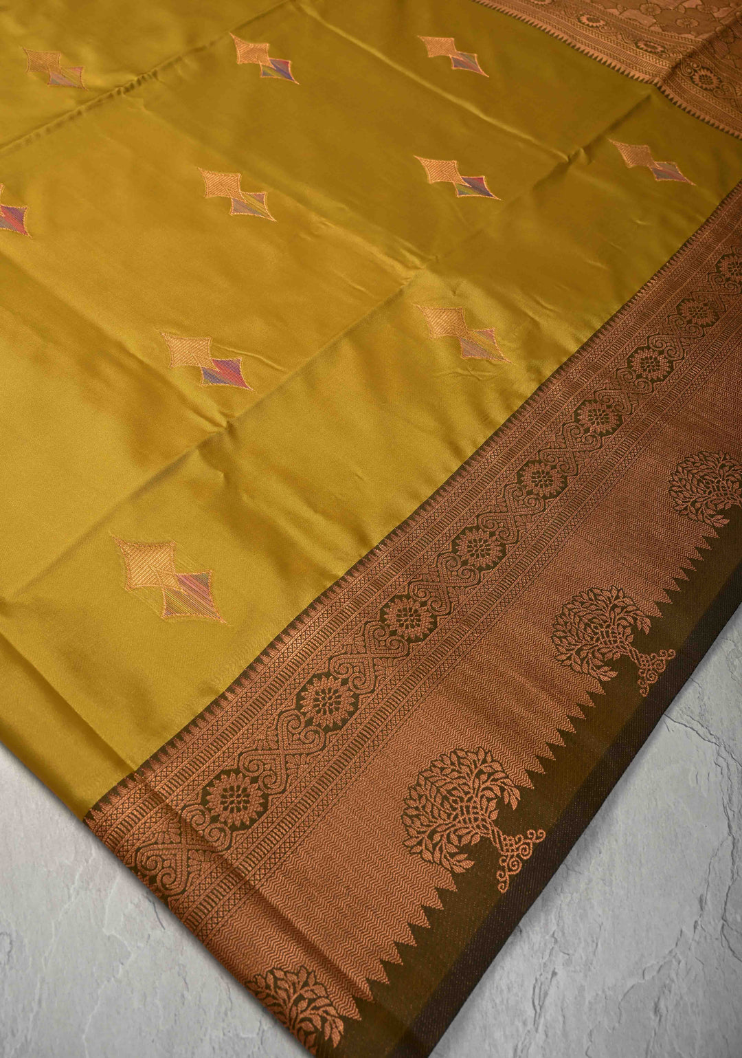 Methi Yellow Kanchi Semi Silk Saree with Meenakari Buttas and Zari Border