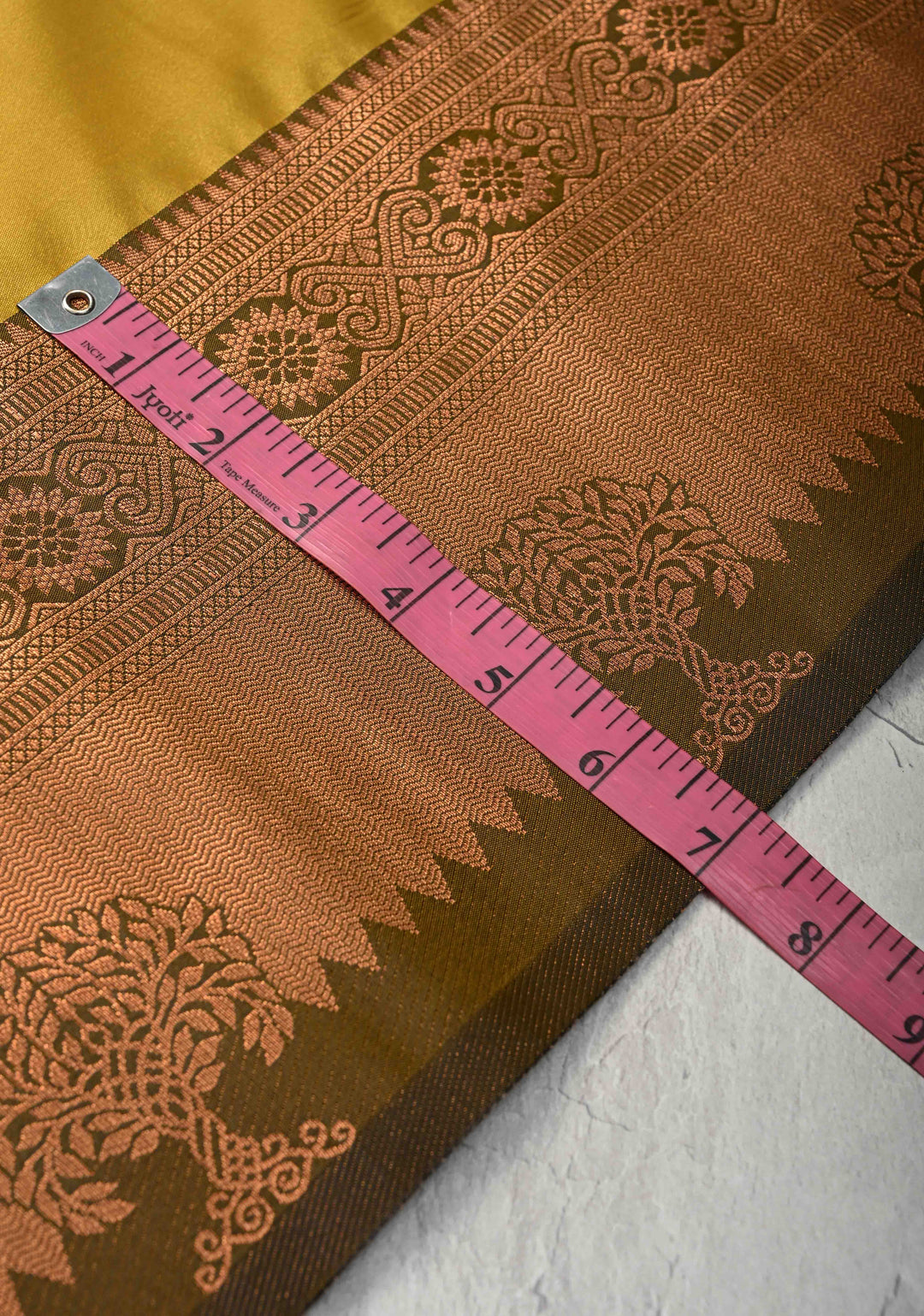 Methi Yellow Kanchi Semi Silk Saree with Meenakari Buttas and Zari Border