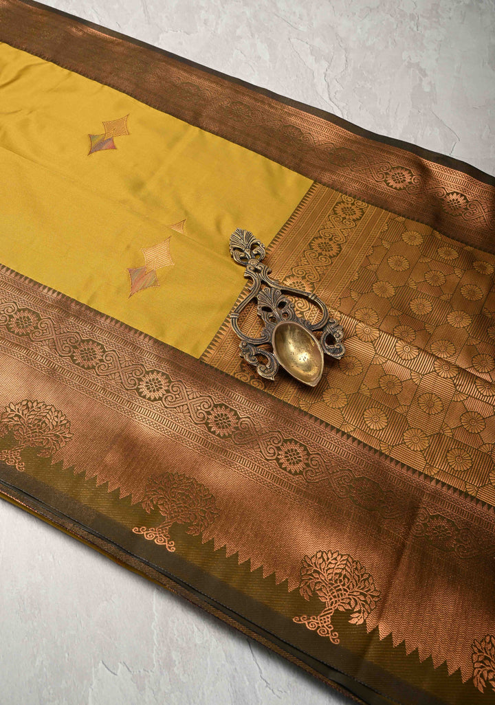 Methi Yellow Kanchi Semi Silk Saree with Meenakari Buttas and Zari Border