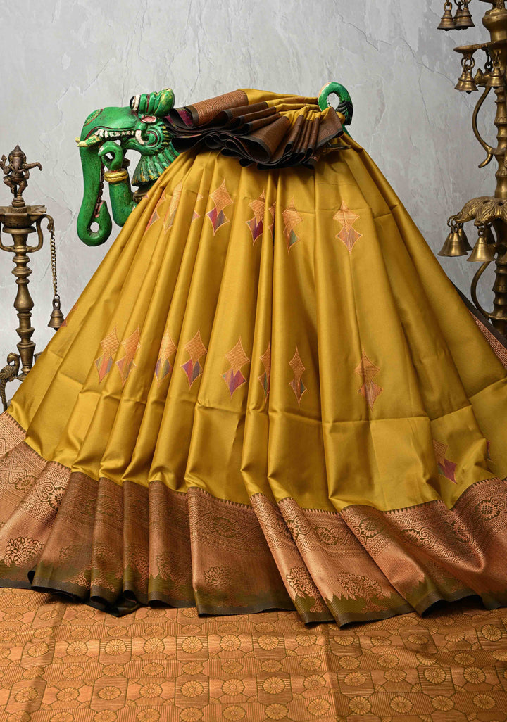 Methi Yellow Kanchi Semi Silk Saree with Meenakari Buttas and Zari Border