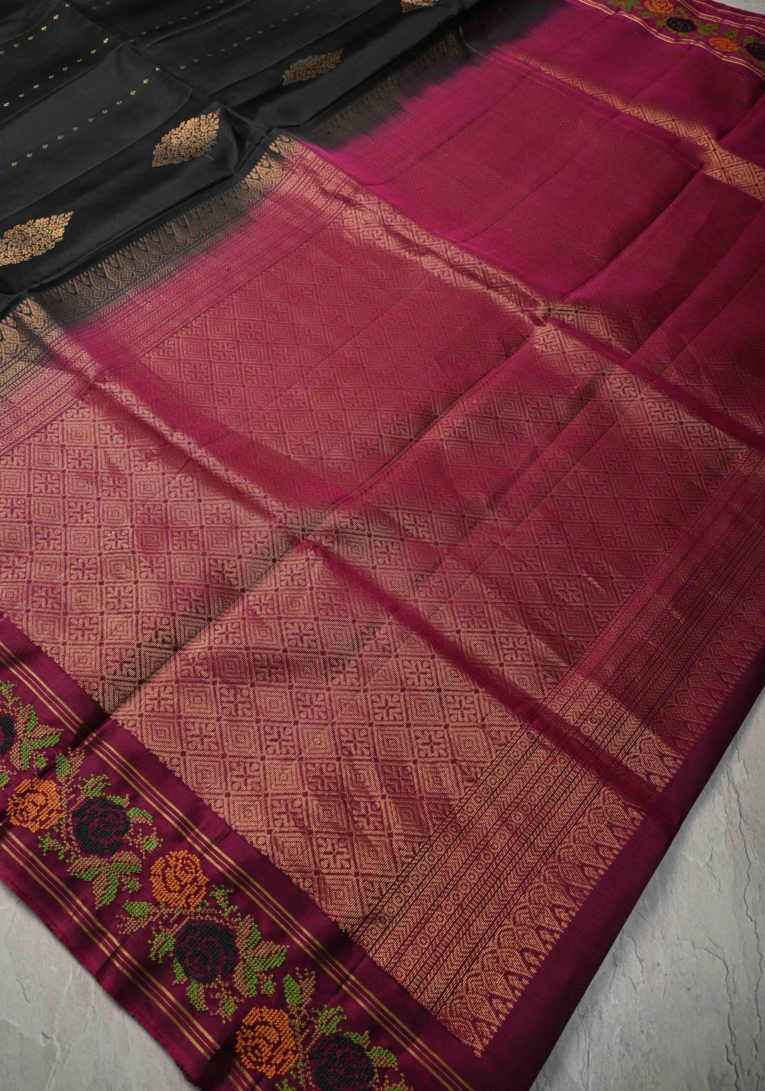 Black Kanjivaram Soft Silk Saree with Cross Stitch Machine Embroidery Border and Zari Buttas | SILK MARK CERTIFIED