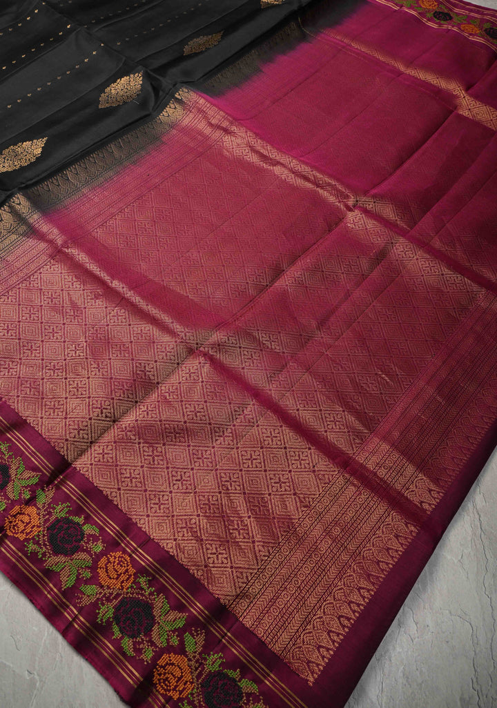 Black Kanjivaram Soft Silk Saree with Cross Stitch Machine Embroidery Border and Zari Buttas | SILK MARK CERTIFIED