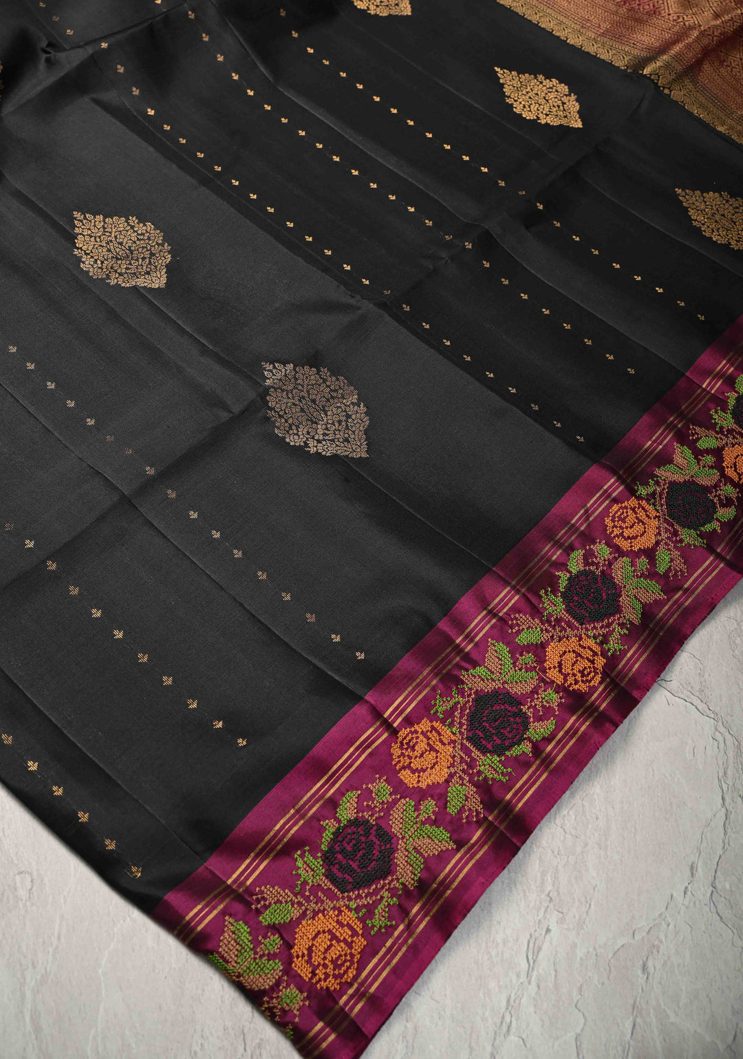 Black Kanjivaram Soft Silk Saree with Cross Stitch Machine Embroidery Border and Zari Buttas | SILK MARK CERTIFIED