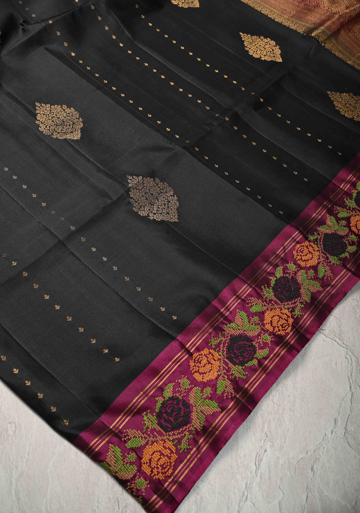 Black Kanjivaram Soft Silk Saree with Cross Stitch Machine Embroidery Border and Zari Buttas | SILK MARK CERTIFIED