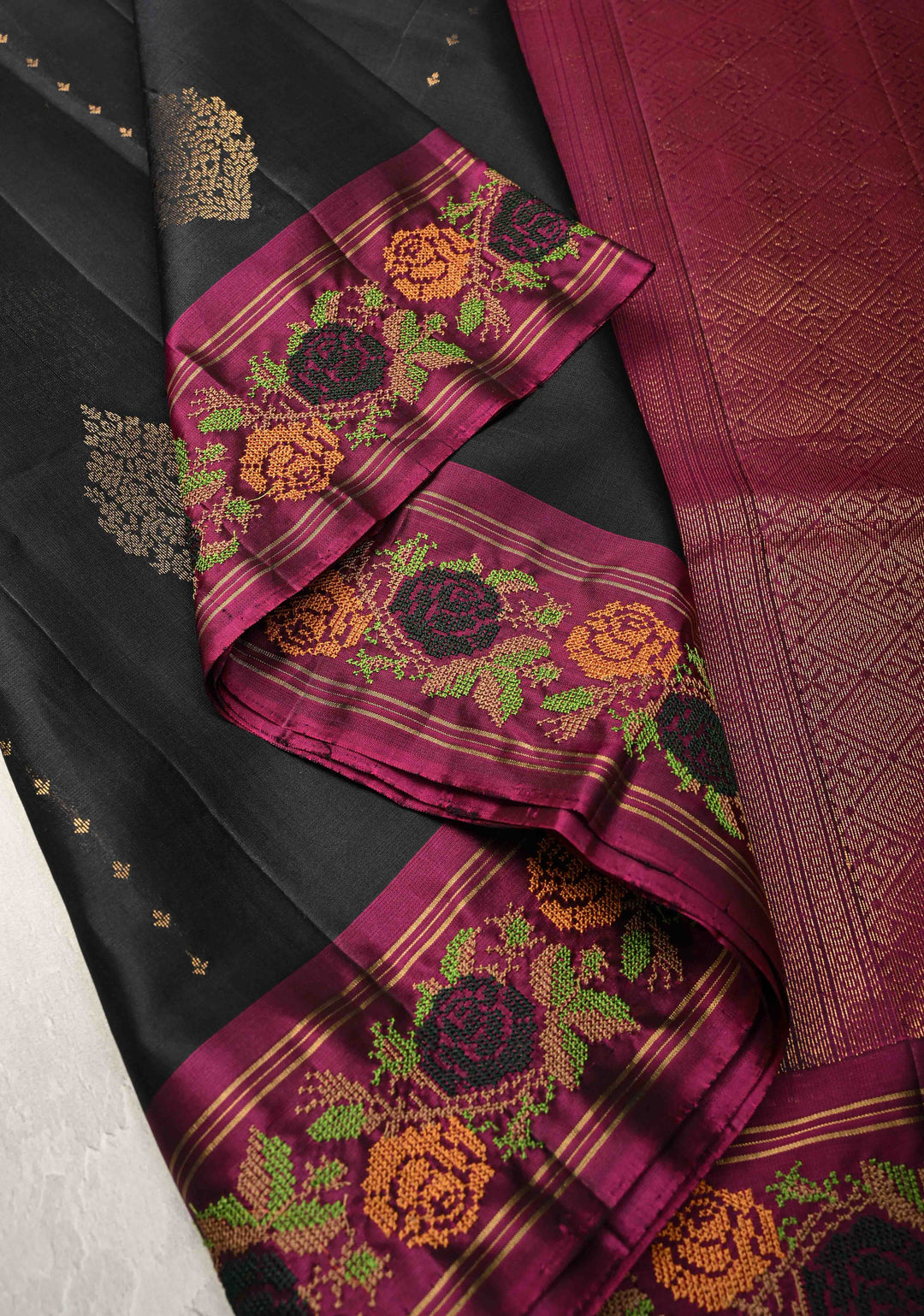 Black Kanjivaram Soft Silk Saree with Cross Stitch Machine Embroidery Border and Zari Buttas | SILK MARK CERTIFIED