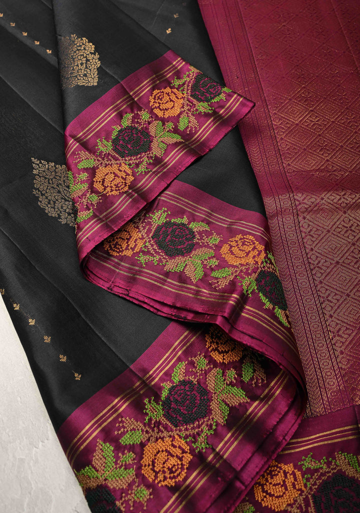 Black Kanjivaram Soft Silk Saree with Cross Stitch Machine Embroidery Border and Zari Buttas | SILK MARK CERTIFIED
