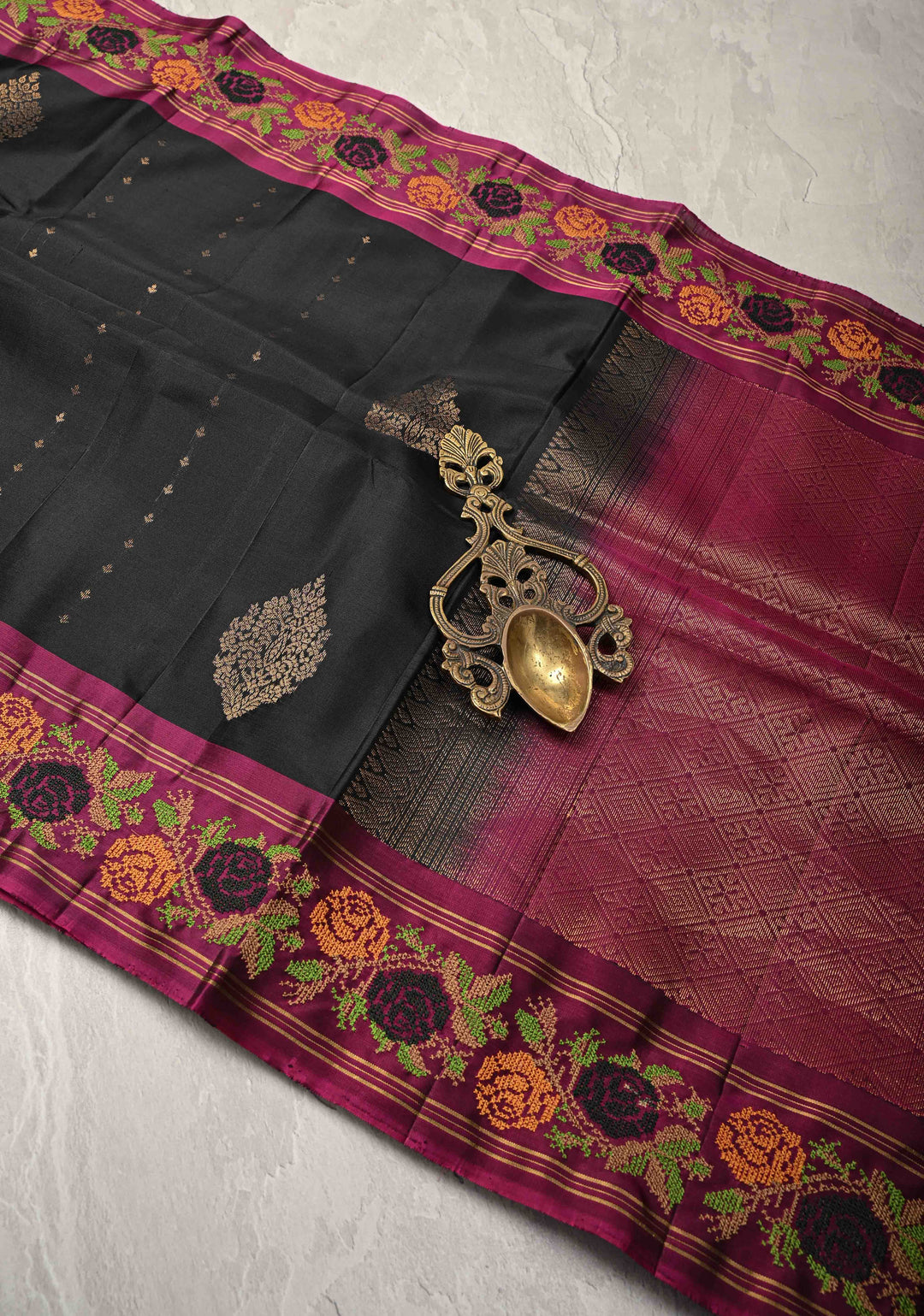 Black Kanjivaram Soft Silk Saree with Cross Stitch Machine Embroidery Border and Zari Buttas | SILK MARK CERTIFIED