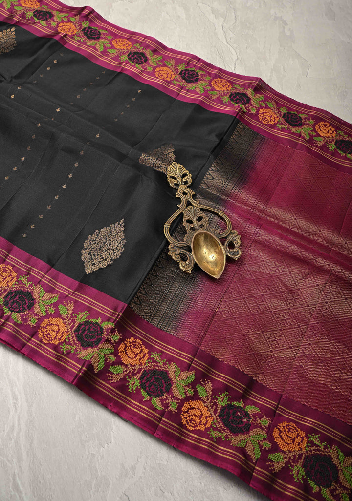 Black Kanjivaram Soft Silk Saree with Cross Stitch Machine Embroidery Border and Zari Buttas | SILK MARK CERTIFIED