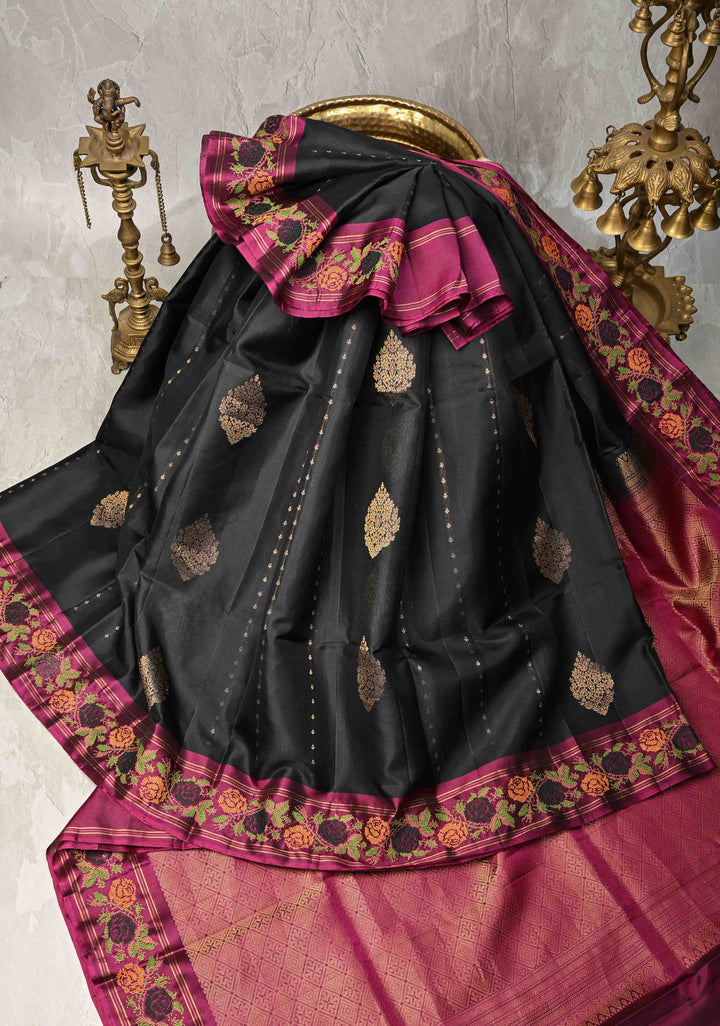 Black Kanjivaram Soft Silk Saree with Cross Stitch Machine Embroidery Border and Zari Buttas | SILK MARK CERTIFIED