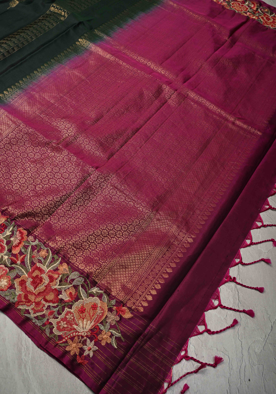 Deep Green Kanjivaram Soft Silk Saree with Cross Stitch Machine Embroidery Border and Zari Buttas | SILK MARK CERTIFIED