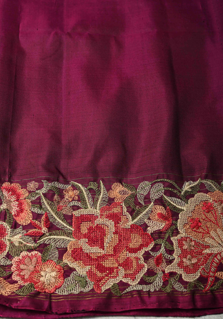 Deep Green Kanjivaram Soft Silk Saree with Cross Stitch Machine Embroidery Border and Zari Buttas | SILK MARK CERTIFIED