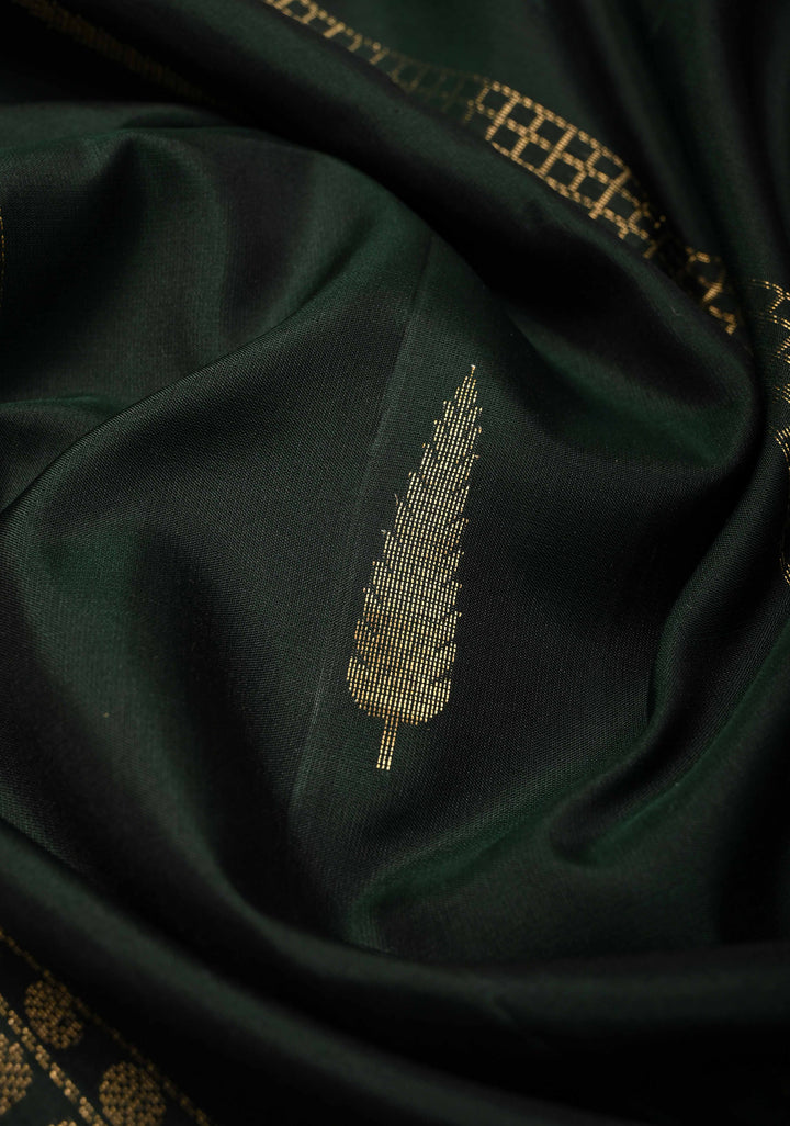 Deep Green Kanjivaram Soft Silk Saree with Cross Stitch Machine Embroidery Border and Zari Buttas | SILK MARK CERTIFIED