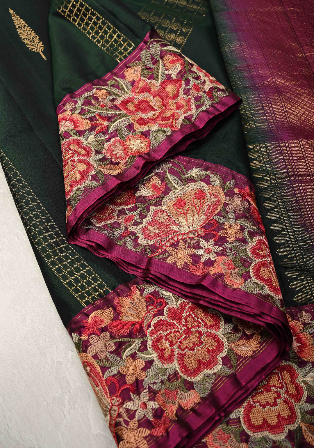 Deep Green Kanjivaram Soft Silk Saree with Cross Stitch Machine Embroidery Border and Zari Buttas | SILK MARK CERTIFIED