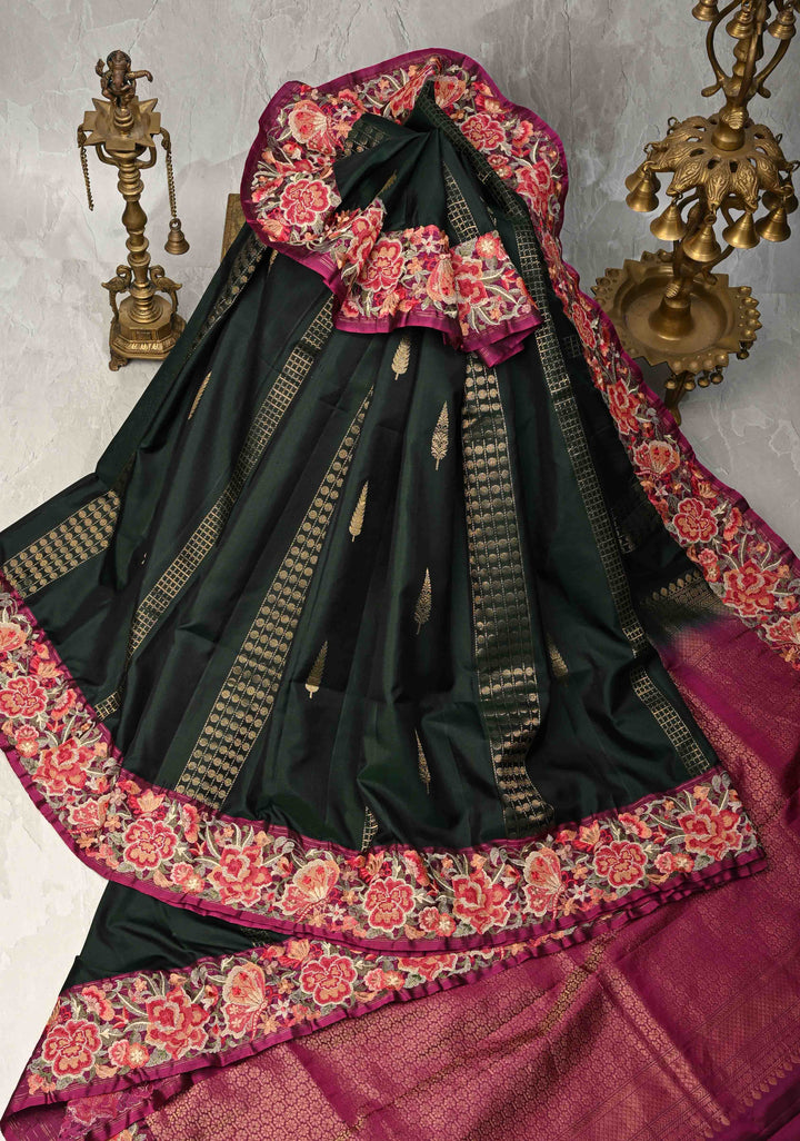 Deep Green Kanjivaram Soft Silk Saree with Cross Stitch Machine Embroidery Border and Zari Buttas | SILK MARK CERTIFIED