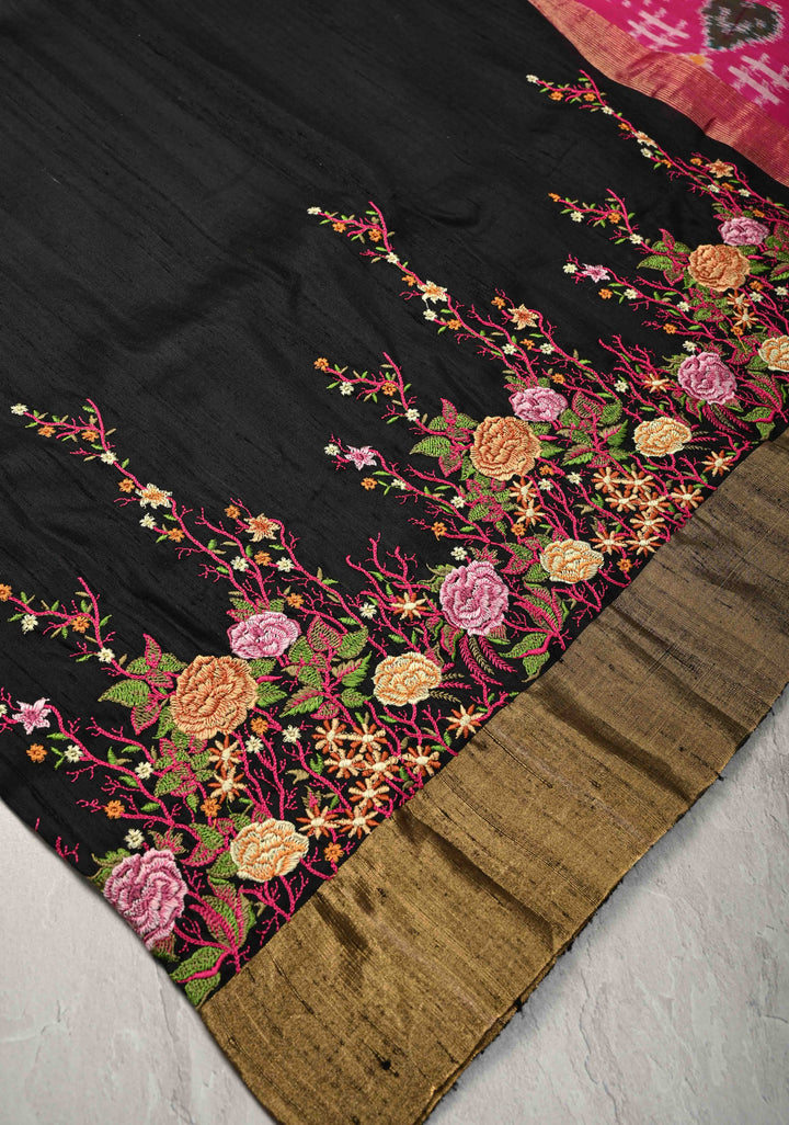 Pure Raw Silk Saree with Floral Embroidery and Ikkat Pallu and Blouse Piece | SILK MARK CERTIFIED