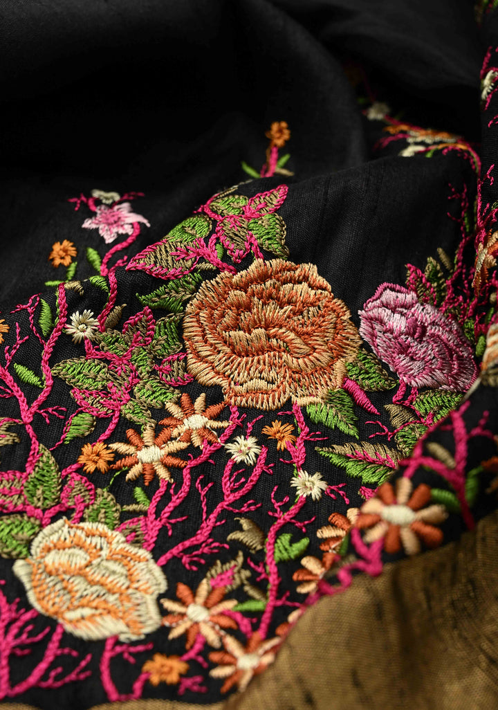 Pure Raw Silk Saree with Floral Embroidery and Ikkat Pallu and Blouse Piece | SILK MARK CERTIFIED