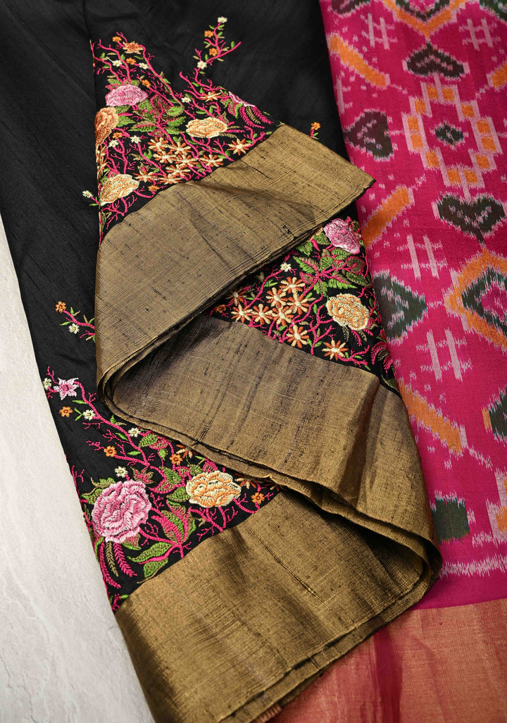 Pure Raw Silk Saree with Floral Embroidery and Ikkat Pallu and Blouse Piece | SILK MARK CERTIFIED