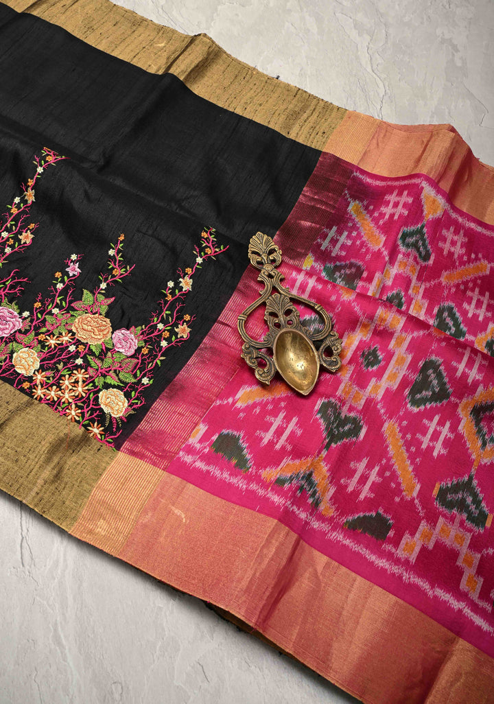 Pure Raw Silk Saree with Floral Embroidery and Ikkat Pallu and Blouse Piece | SILK MARK CERTIFIED