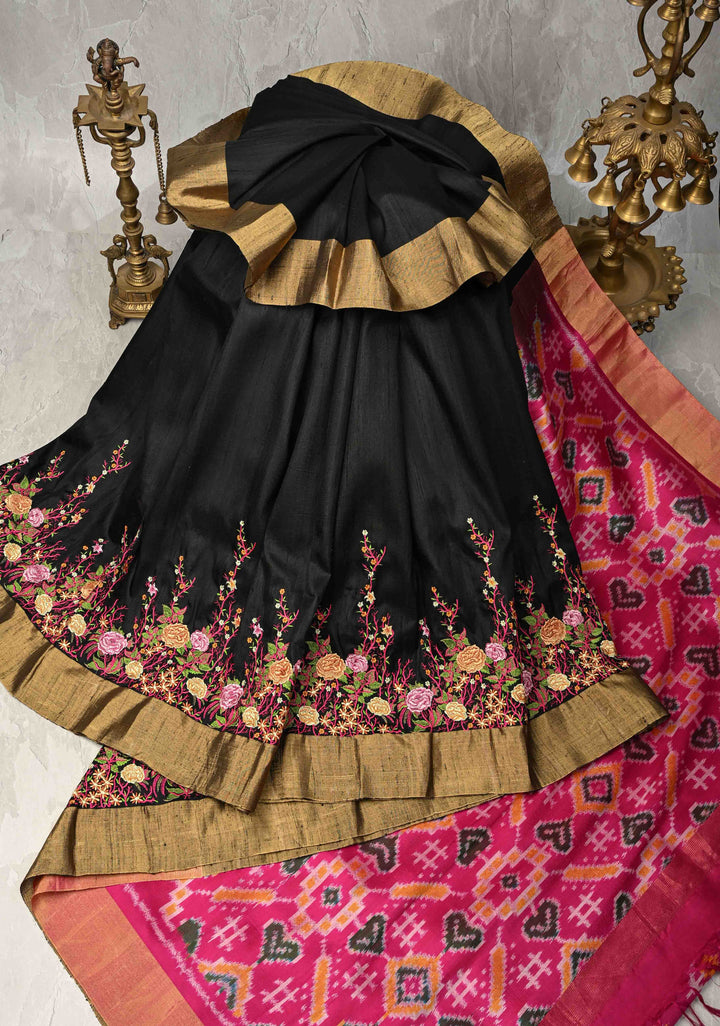 Pure Raw Silk Saree with Floral Embroidery and Ikkat Pallu and Blouse Piece | SILK MARK CERTIFIED