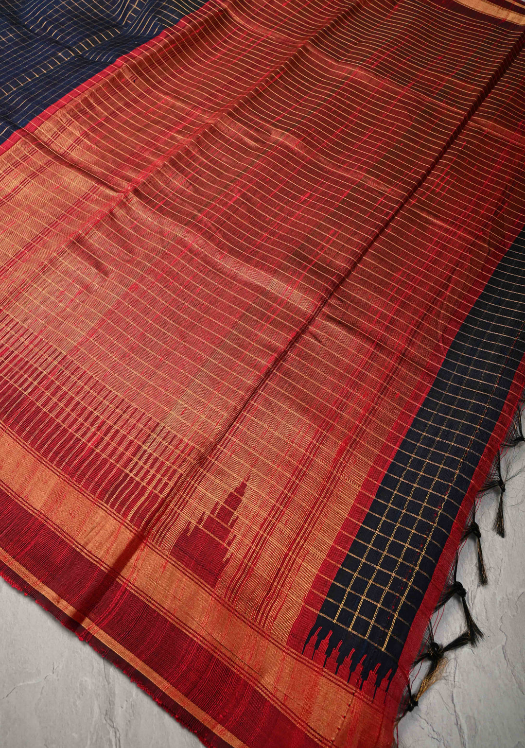Blue Black Chhattisgarhi Tussar with Zari Checks and Temple Border | SILK MARK CERTIFIED