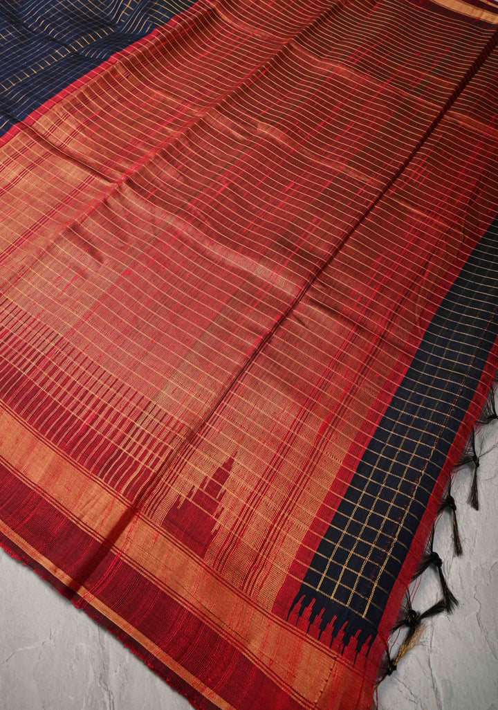 Blue Black Chhattisgarhi Tussar with Zari Checks and Temple Border | SILK MARK CERTIFIED