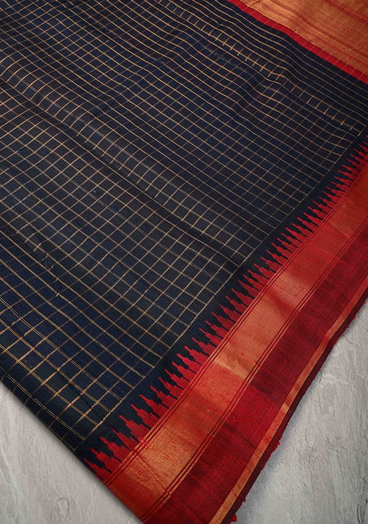 Blue Black Chhattisgarhi Tussar with Zari Checks and Temple Border | SILK MARK CERTIFIED