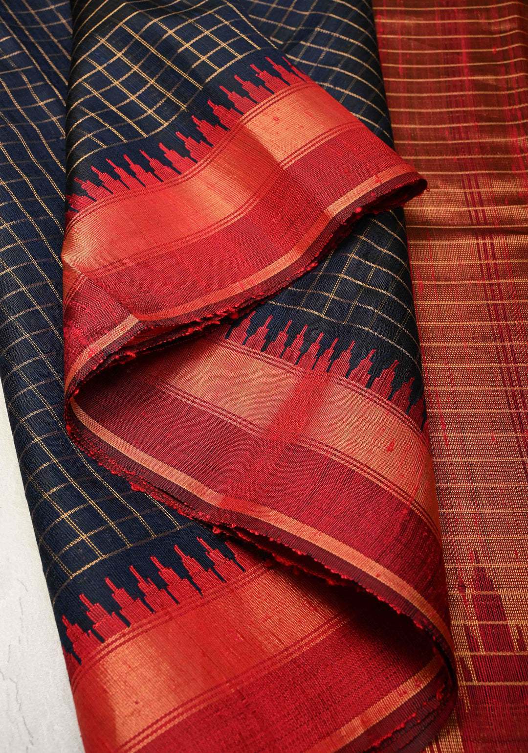 Blue Black Chhattisgarhi Tussar with Zari Checks and Temple Border | SILK MARK CERTIFIED