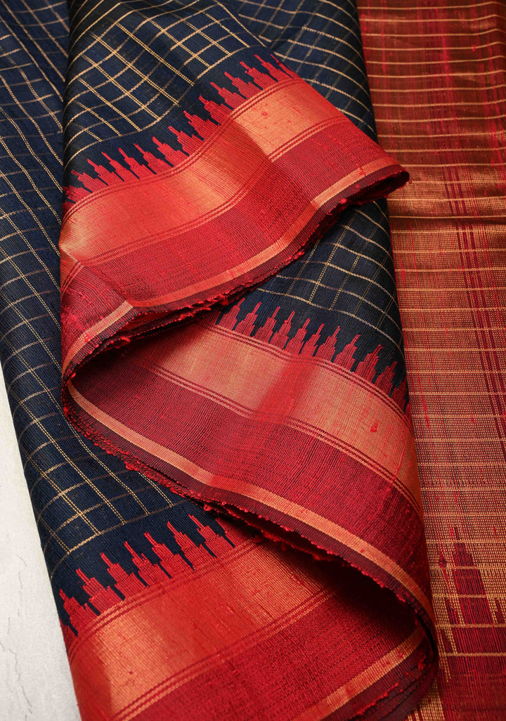 Blue Black Chhattisgarhi Tussar with Zari Checks and Temple Border | SILK MARK CERTIFIED