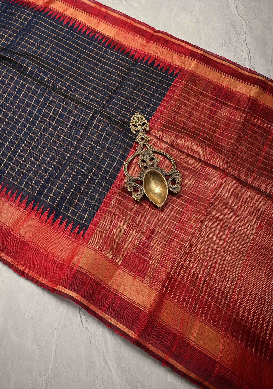 Blue Black Chhattisgarhi Tussar with Zari Checks and Temple Border | SILK MARK CERTIFIED
