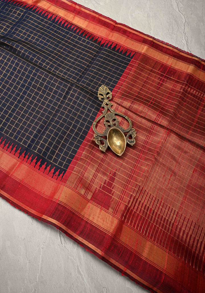 Blue Black Chhattisgarhi Tussar with Zari Checks and Temple Border | SILK MARK CERTIFIED