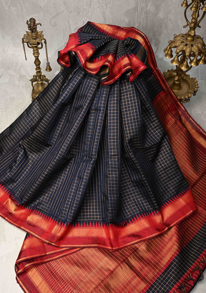 Blue Black Chhattisgarhi Tussar with Zari Checks and Temple Border | SILK MARK CERTIFIED