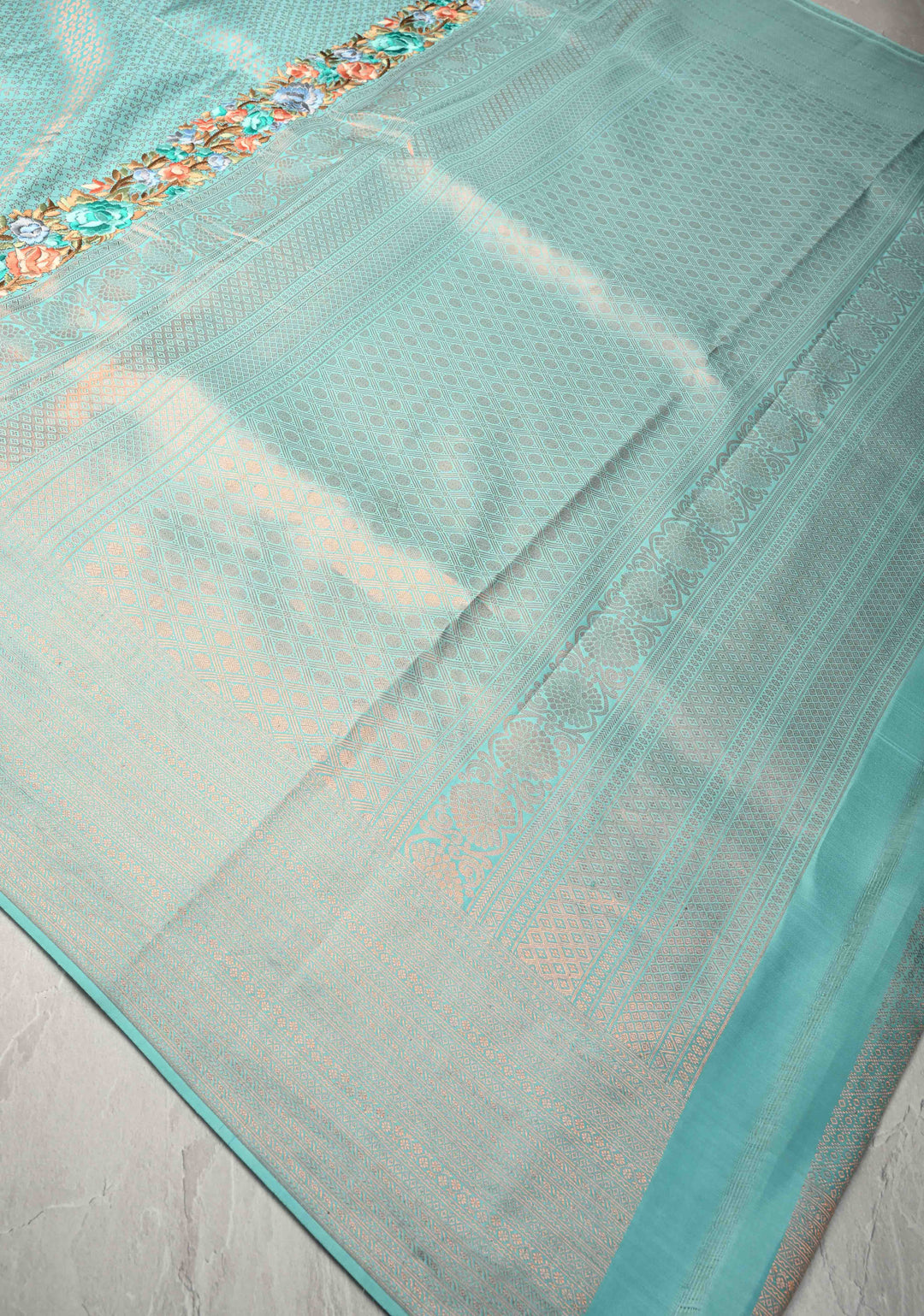 Cyan Pure Mysore Crepe Silk Saree with Brocade and Floral Embroidery | Silk Mark Certified
