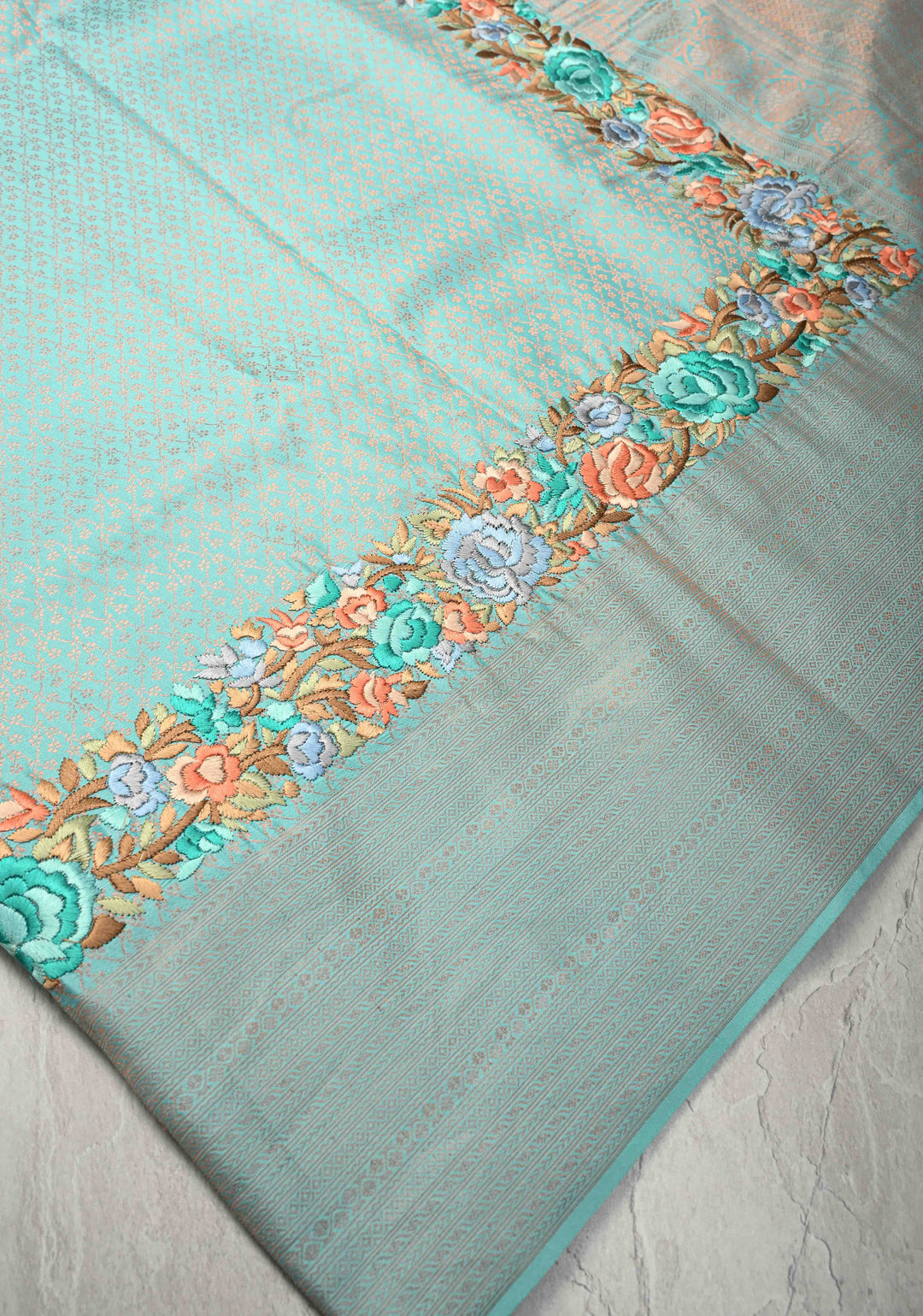 Cyan Pure Mysore Crepe Silk Saree with Brocade and Floral Embroidery | Silk Mark Certified