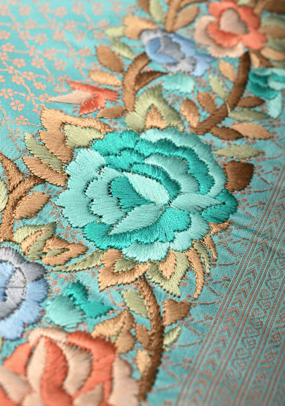 Cyan Pure Mysore Crepe Silk Saree with Brocade and Floral Embroidery | Silk Mark Certified