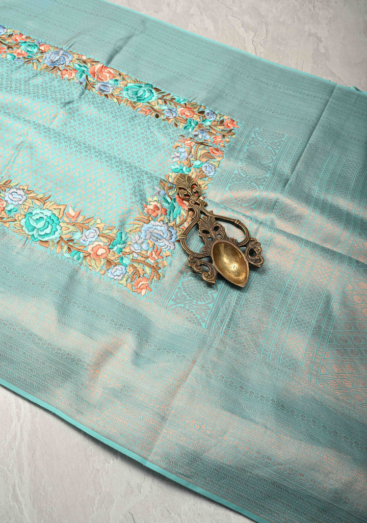 Cyan Pure Mysore Crepe Silk Saree with Brocade and Floral Embroidery | Silk Mark Certified