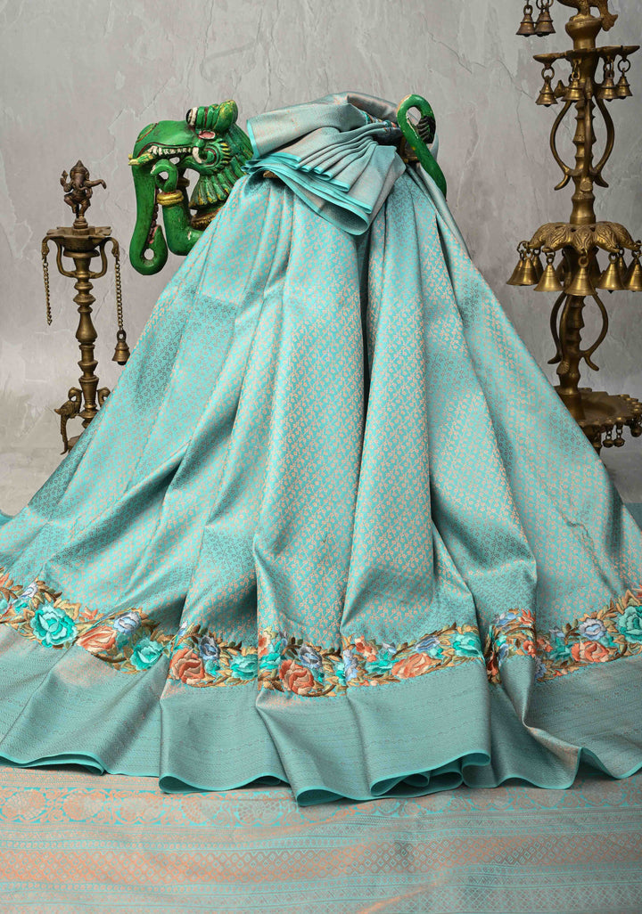 Cyan Pure Mysore Crepe Silk Saree with Brocade and Floral Embroidery | Silk Mark Certified